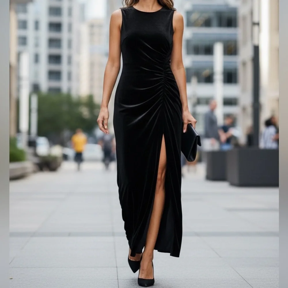Veronica Beard silk velvet Elegant Black ruched Maxi sleeveless Dress romantic - Picture 5 of 15